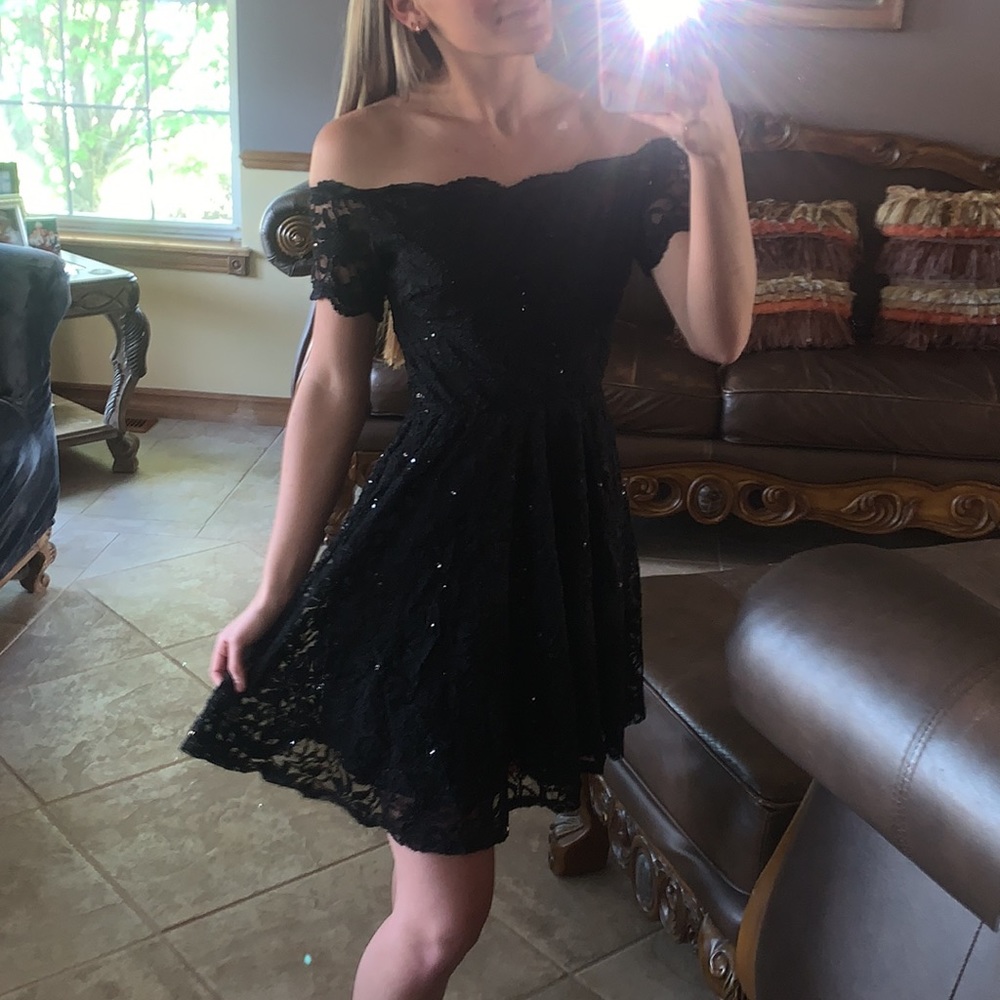 Black strapless lace dress
